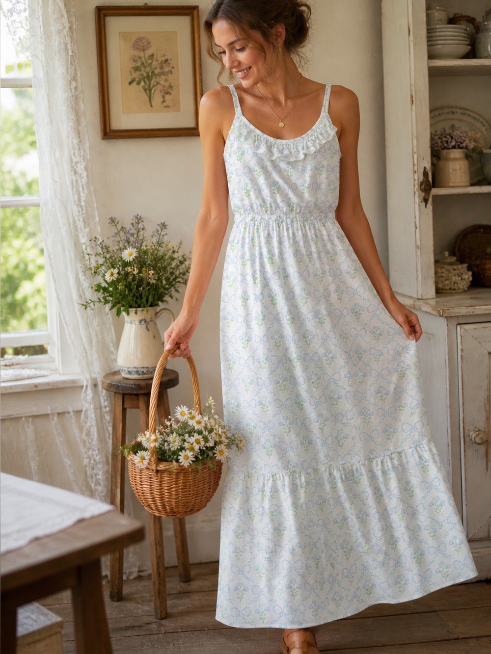Cottagecore Floral maxi Dress Ruffle Strap White Blue Green Abby & Evie Size L
